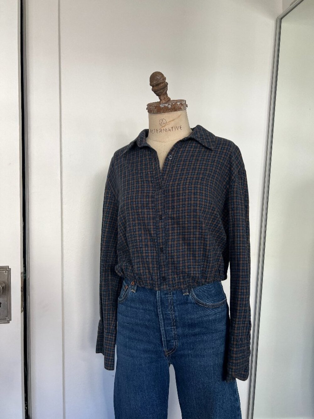 Zara | Vintage Navy Brown Plaid Button Front Blouse